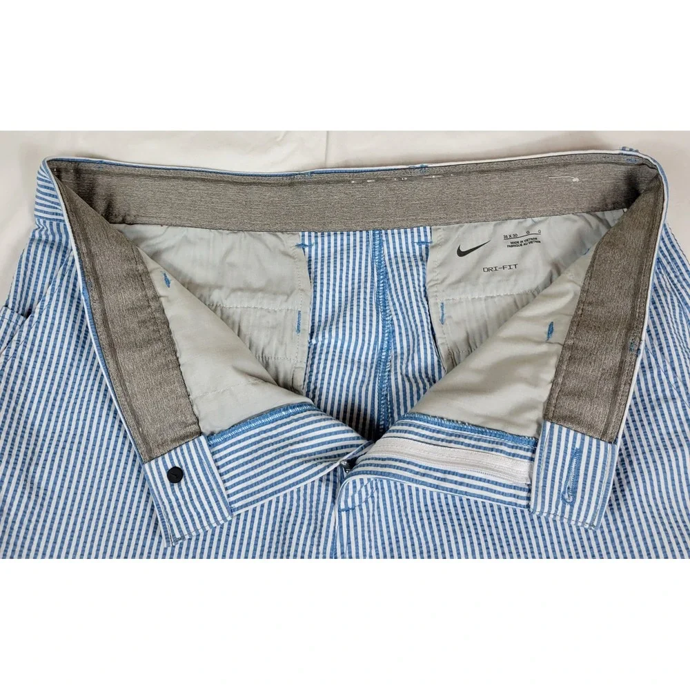 Nike Dri Fit Seersucker Stripe Golf Pants Mens 34x28 Blue White Chino Flat Front - Picture 10 of 10